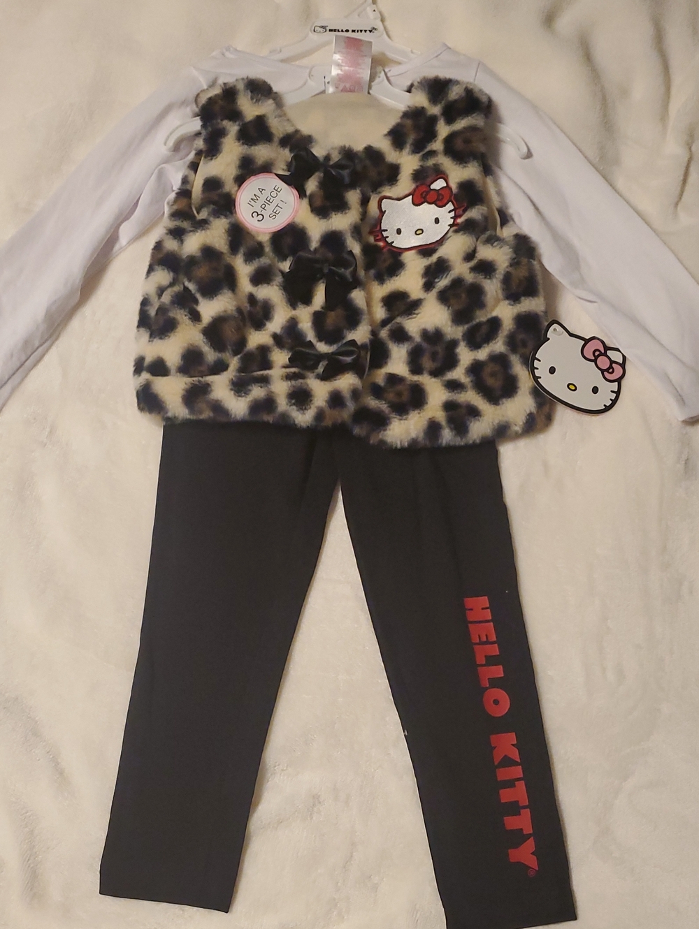 Hello Kitty White Top, Leopard Print Faux-Fur Vest & Black Leggings